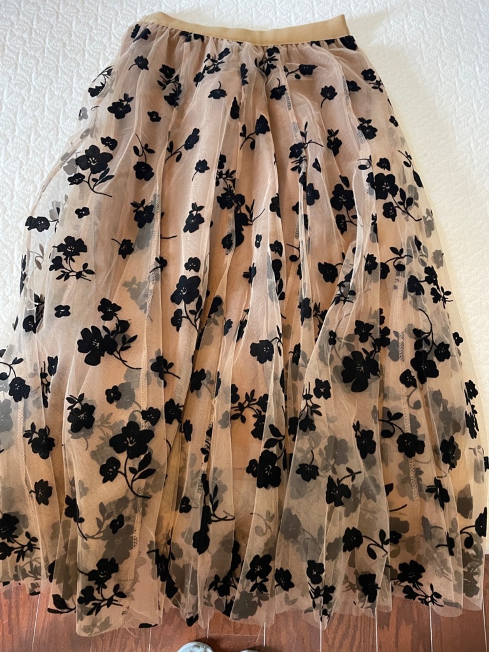 Chicwish Nude Tulle Midi Skirt with Black Floral Velvet Overlay